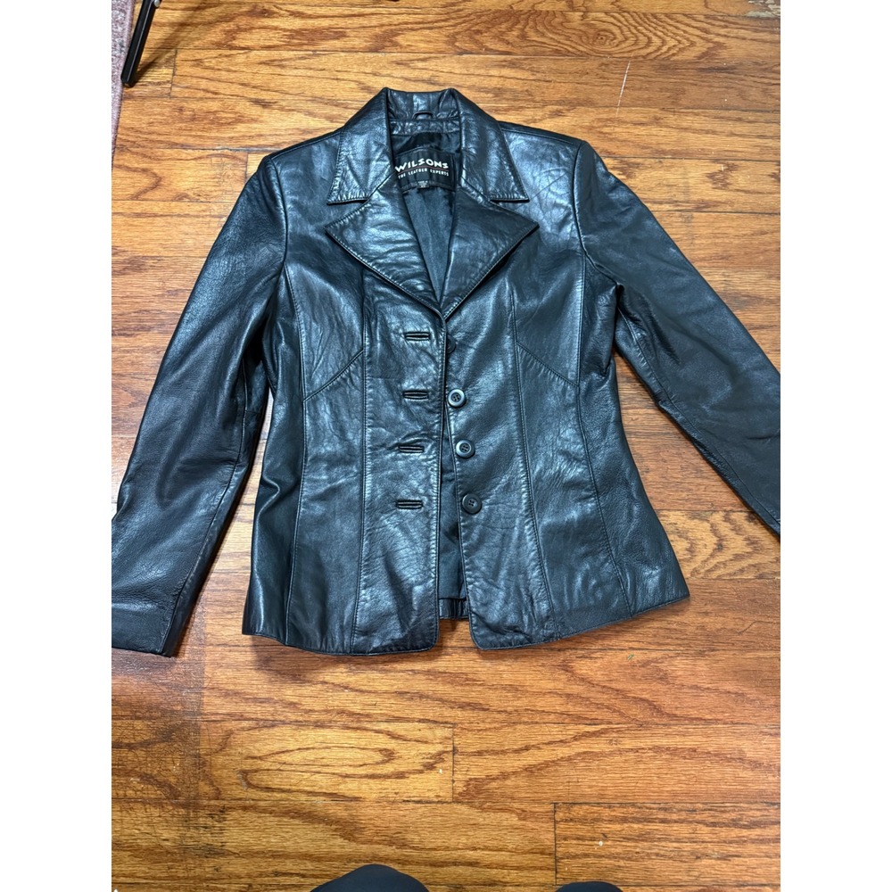 Wilsons Leather Black Blazer Jacket Womens XS Vintage 3 Button Genuine Leather